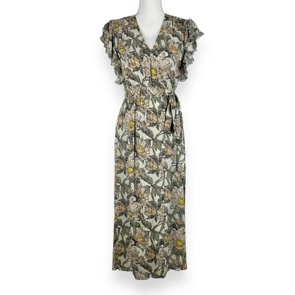 Anthropologie Blank London Dress Womens XS Gray Floral Flounce Maxi Wrap - Picture 1 of 14